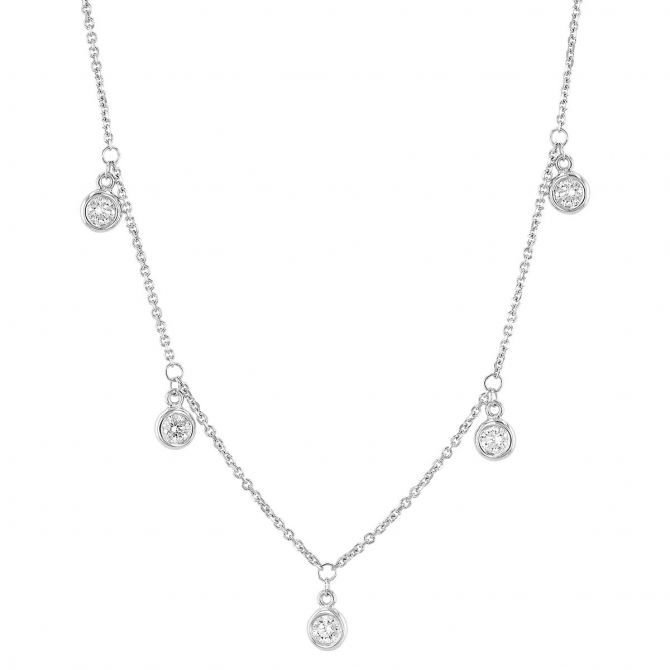 Diamond Drop 5 Stone Station Necklace in White Gold, 18"