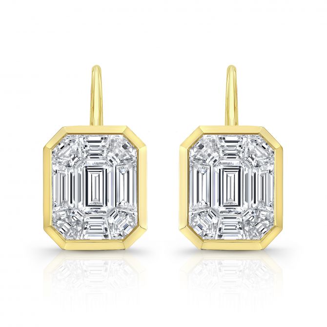 Rahaminov Diamond Illusion Mosaic Bezel Set Drop Earrings in 18K Yellow Gold