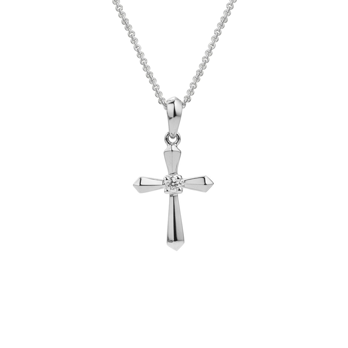 White Gold Beveled Cross Pendant with Diamond Center, 18