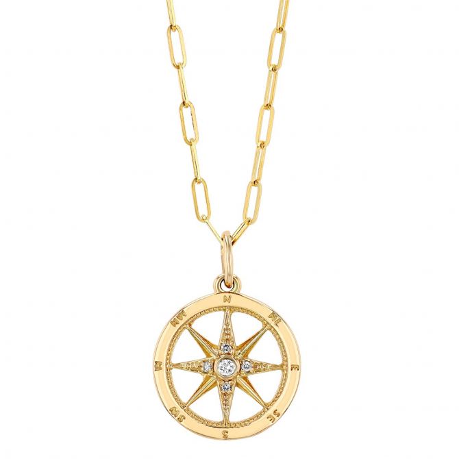 Diamond Compass Pendant in Yellow Gold, 18"