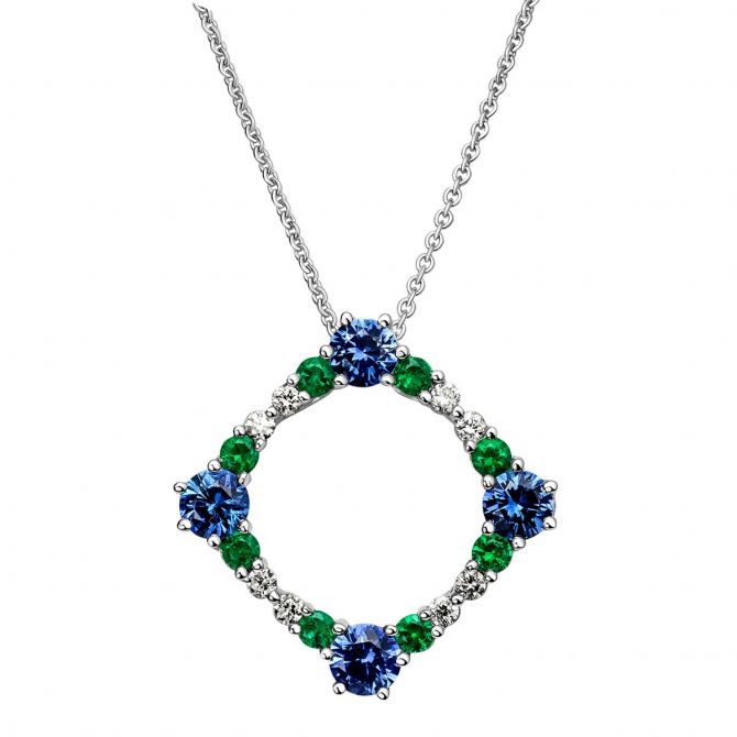 Sapphire, Emerald & Diamond Open Pendant in White Gold, 18"