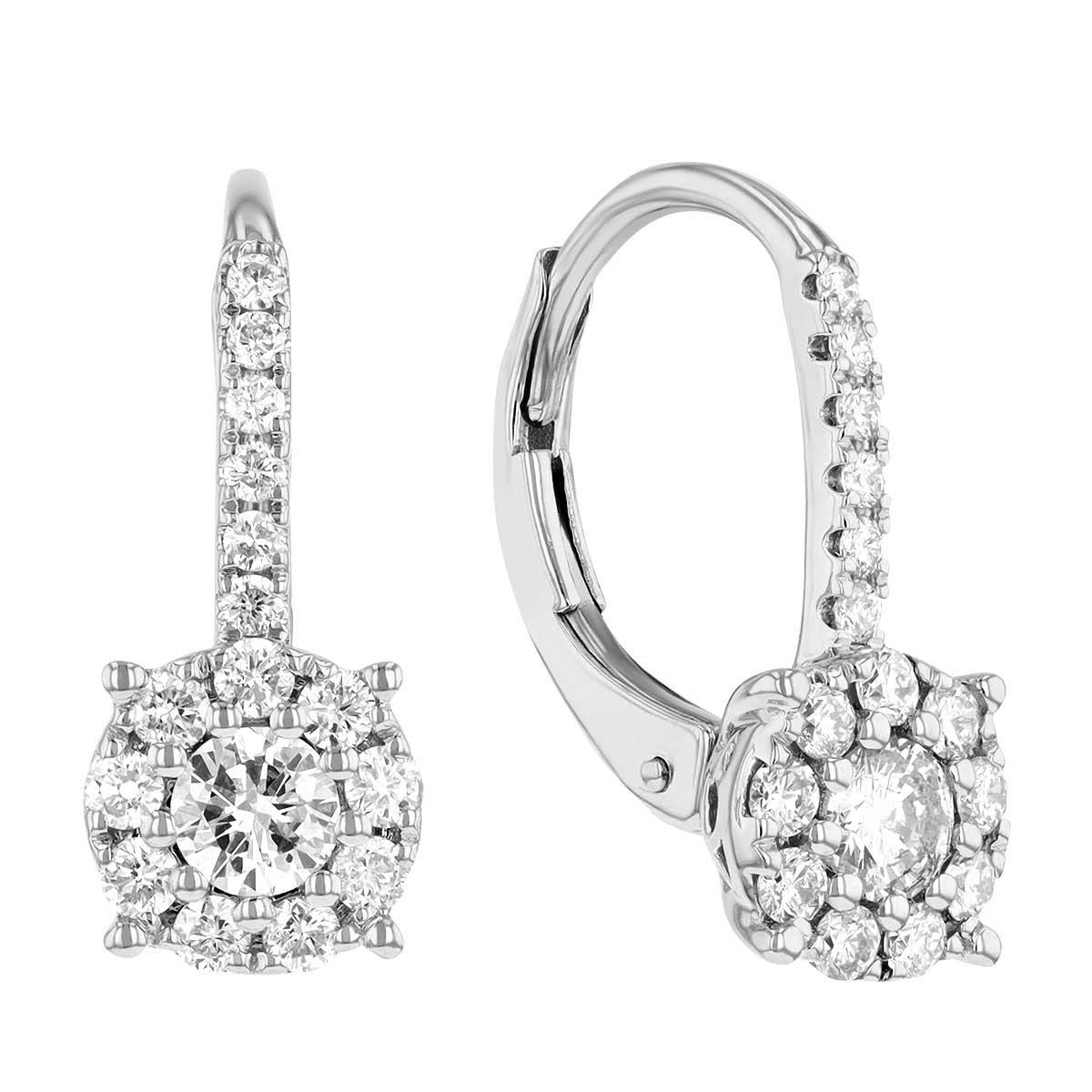 Round Diamond & Halo Circle Cluster Drop Earrings in White Gold | Borsheims