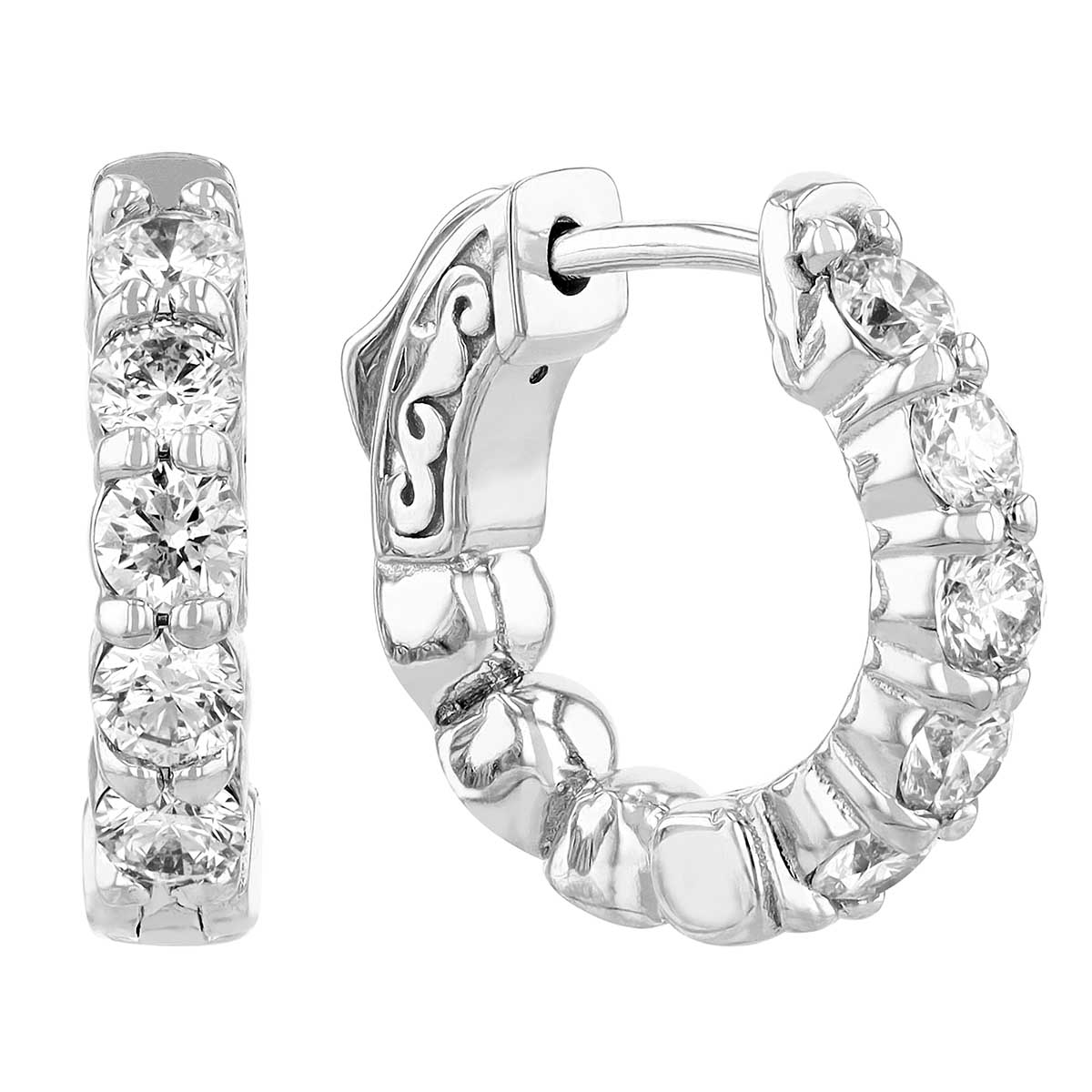 Diamond Shared Prong Huggie Hoop Earrings in White Gold, 1.00 aptw ...