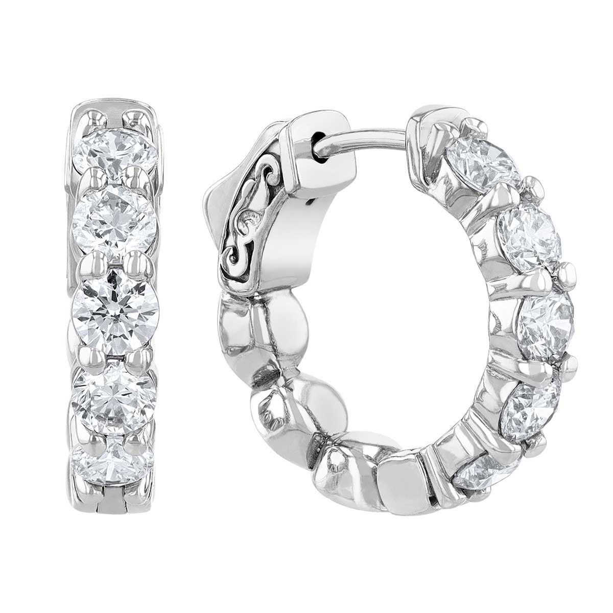 Diamond Shared Prong Huggie Hoop Earrings In White Gold, 1.90 Aptw 