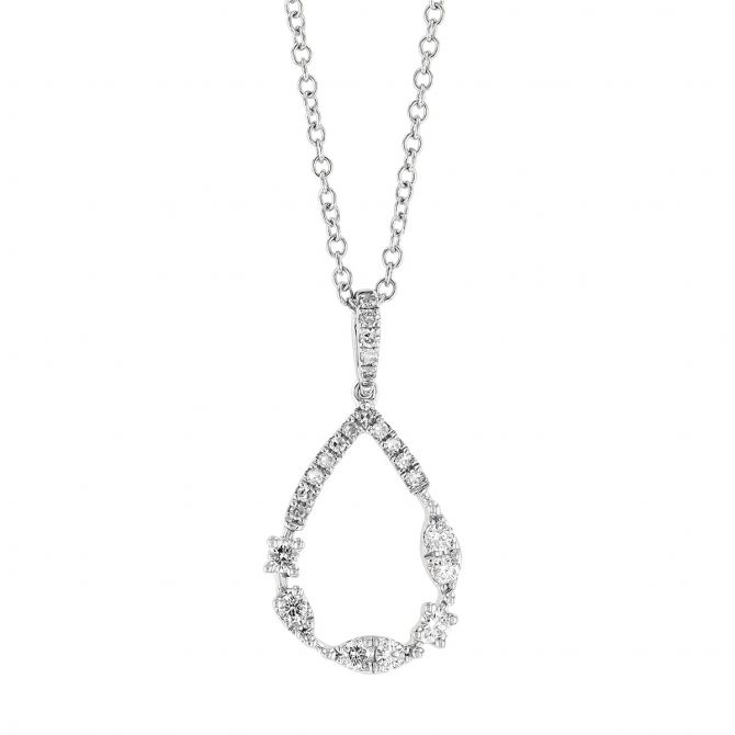 Diamond Mixed Setting Open Teardrop Shaped Pendant in White Gold, 16"