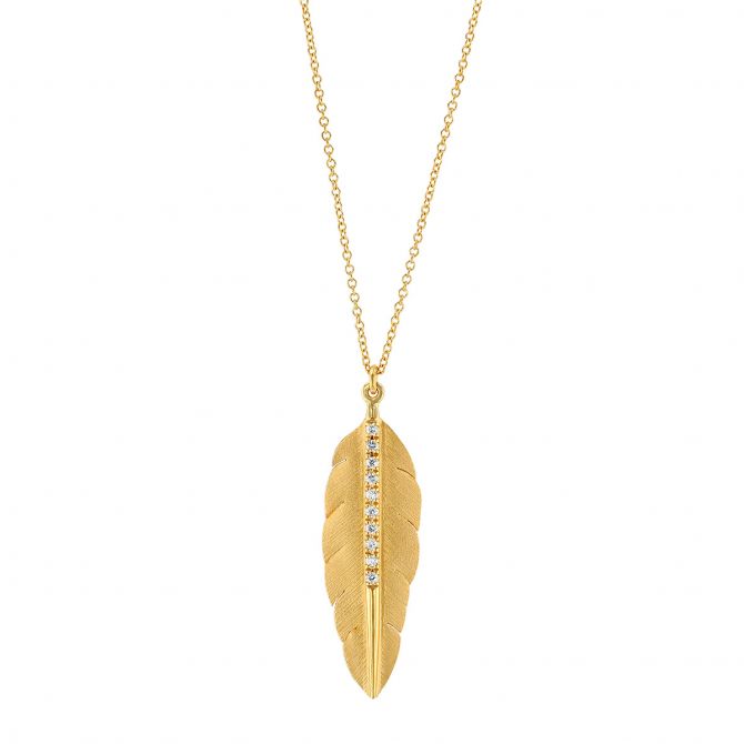 Marika Diamond Feather Pendant in Yellow Gold, 18"