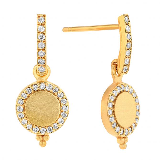 Marika Diamond Halo Circle Dangle Earrings in Yellow Gold