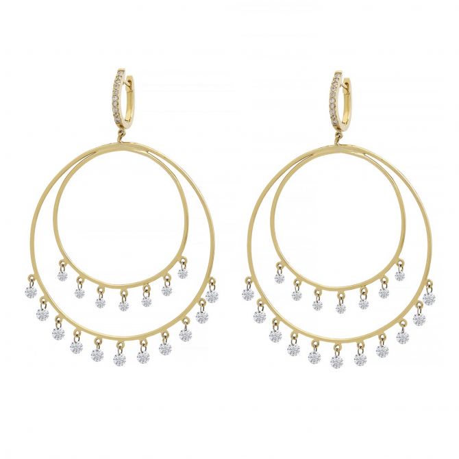 Aresa Diamond Fringe Double Circle Dangle Earrings in Yellow Gold