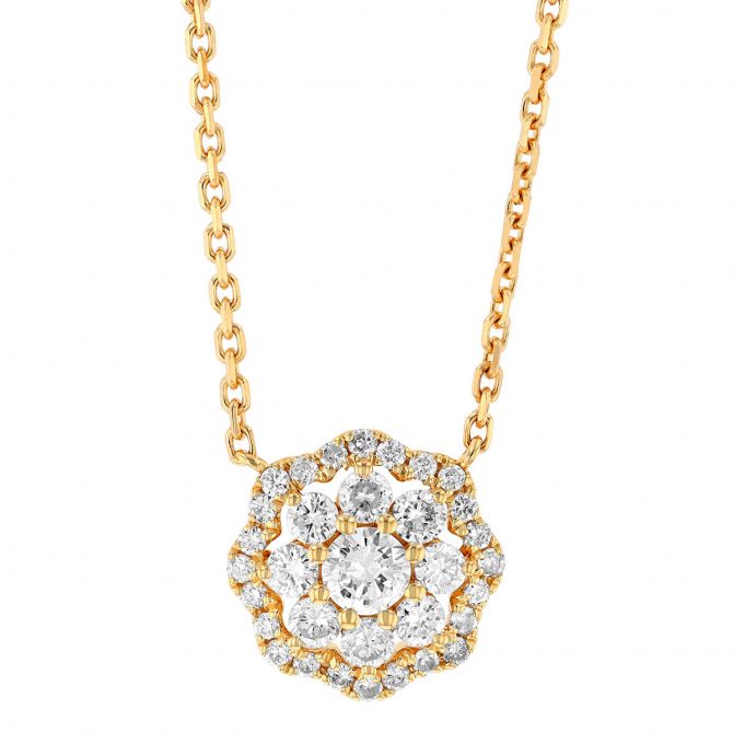 Diamond Double Floral Halo Pendant in Yellow Gold, 16"