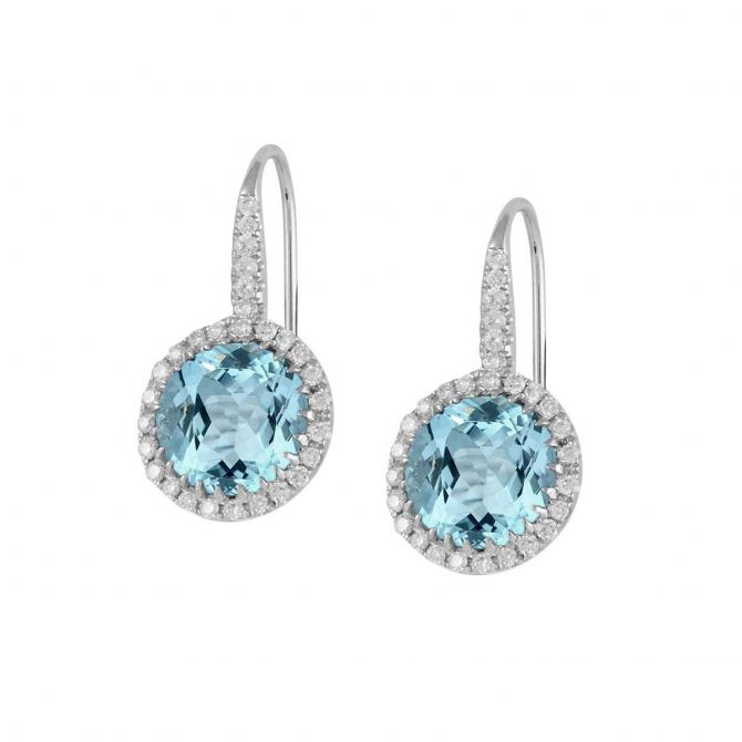 Doves Round Topaz & Diamond Halo Earrings in White Gold