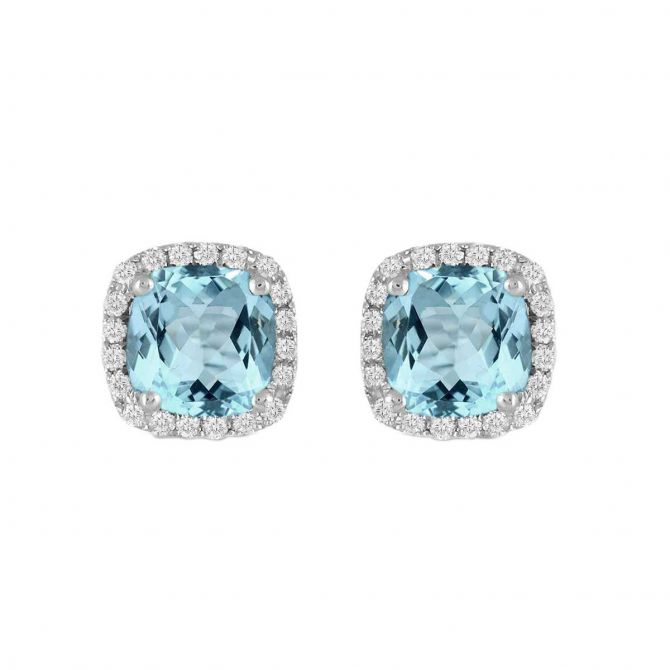 Doves Cushion Topaz & Diamond Halo Stud Earrings in White Gold