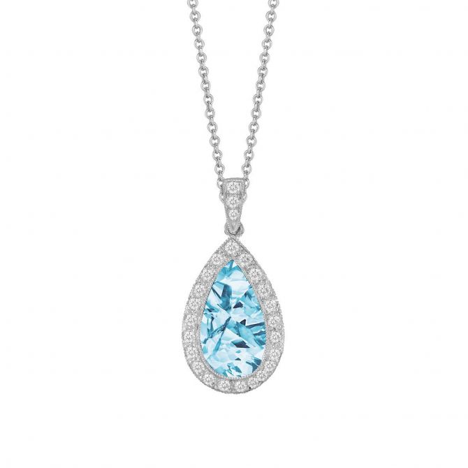 Doves Pear Shaped Topaz & Diamond Halo Pendant in White Gold, 18"