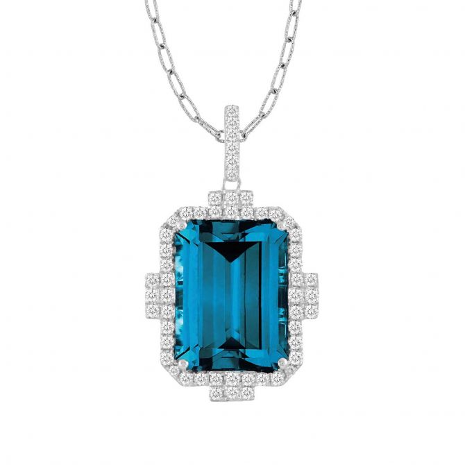 Doves Emerald Cut Topaz & Diamond Halo Pendant in White Gold, 18"