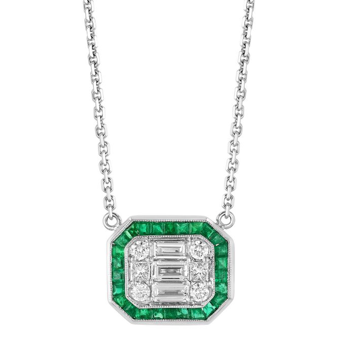 Multi Shaped Diamond & Emerald Halo Pendant in White Gold, 18"