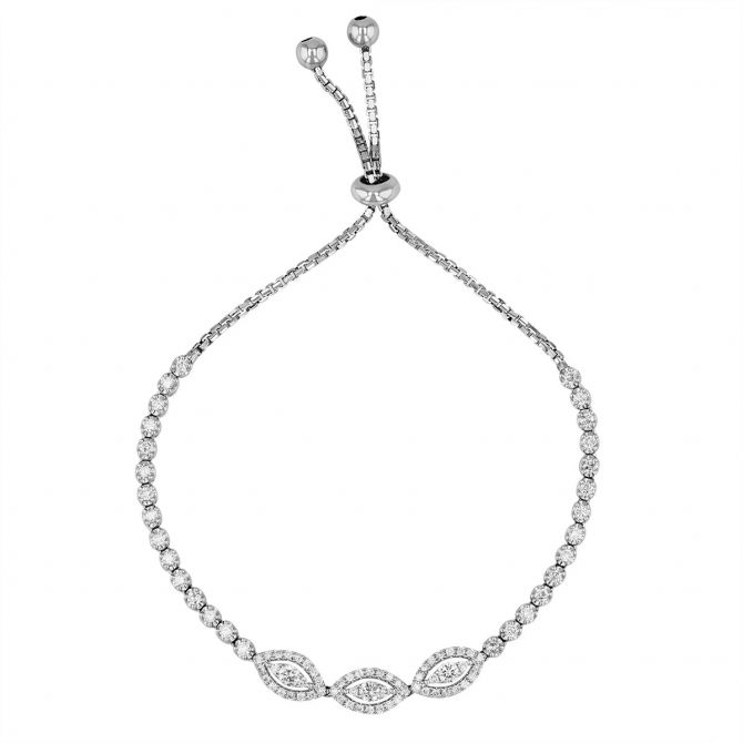 Diamond Triple Marquise Shaped Cluster Tennis Bolo Bracelet in White Gold