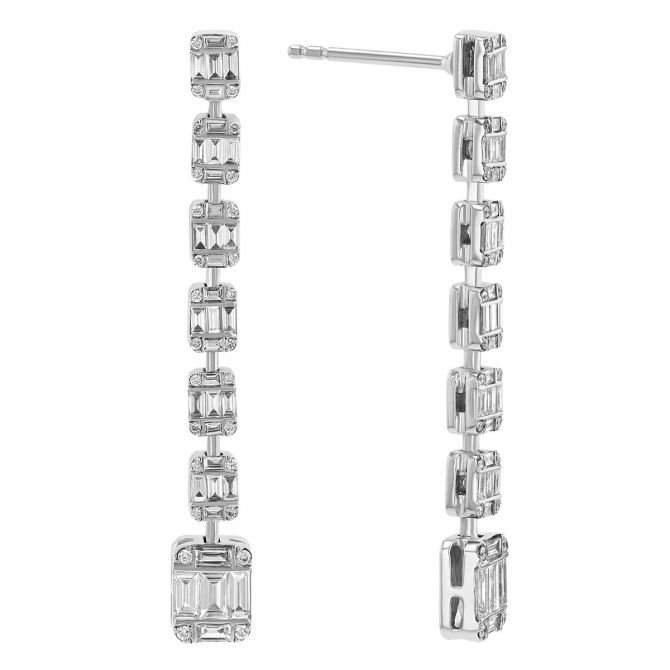 Mixed Shape Diamond Rectangle Drop Earrings in White Gold