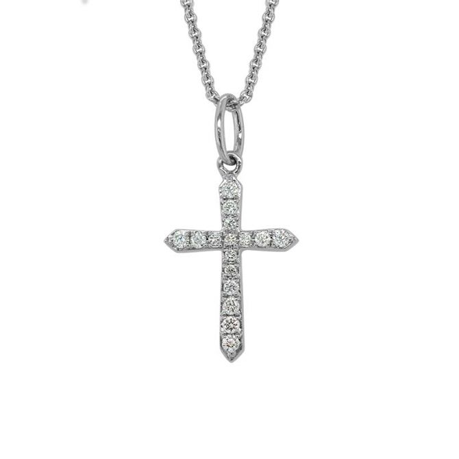 Diamond Pointed Cross Necklace in White Gold, 0.08 cttw