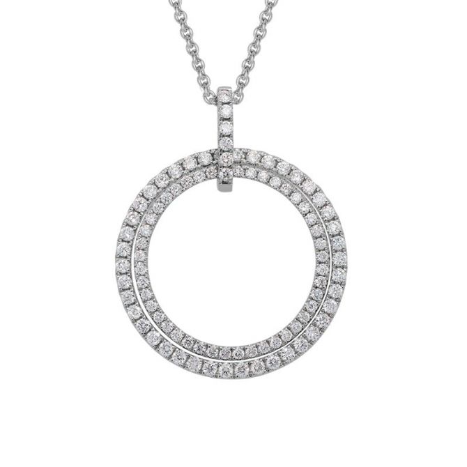 Diamond Double Halo Open Circle Pendant in White Gold, 18"