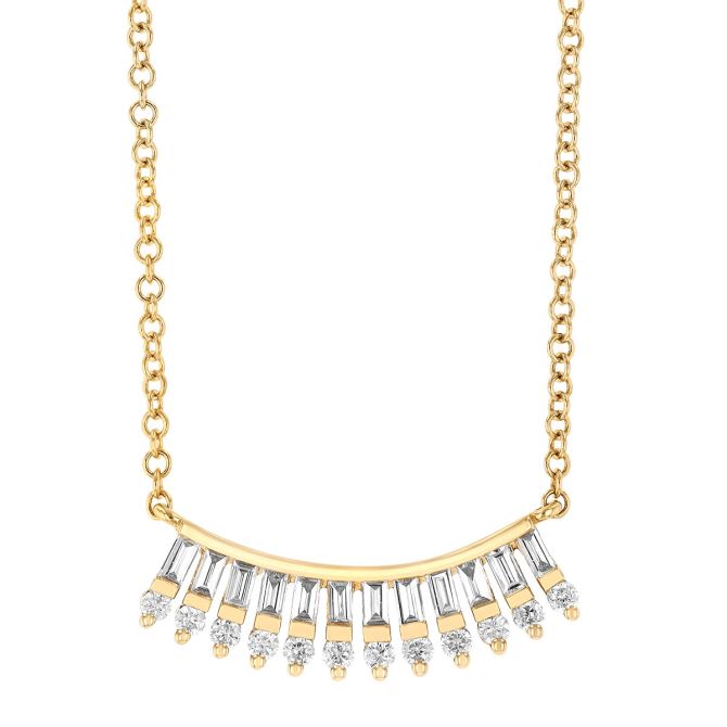 Round & Baguette Diamond Fan Curved Bar Necklace in Yellow Gold, 18"