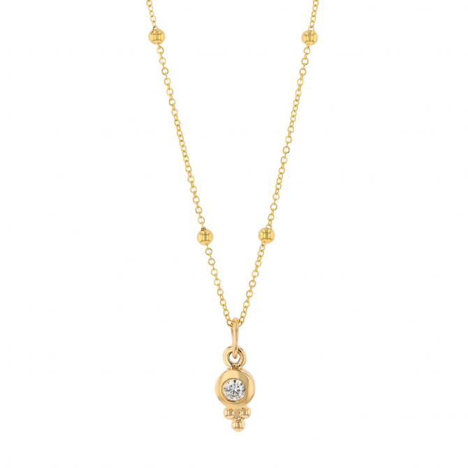 Diamond Bezel & Bead Trio Pendant with Bead Chain Accents in Yellow Gold, 18"