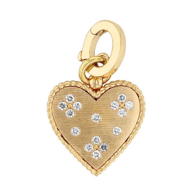 Roberto Coin Small Heart Medallion Pendant Charm with Scattered Diamonds in Yellow Gold