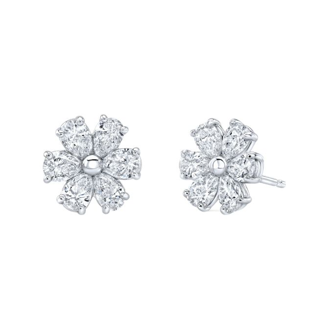 Rahaminov Pear Shape Diamond Cluster Flower Stud Earrings in White Gold, 1.44 cttw