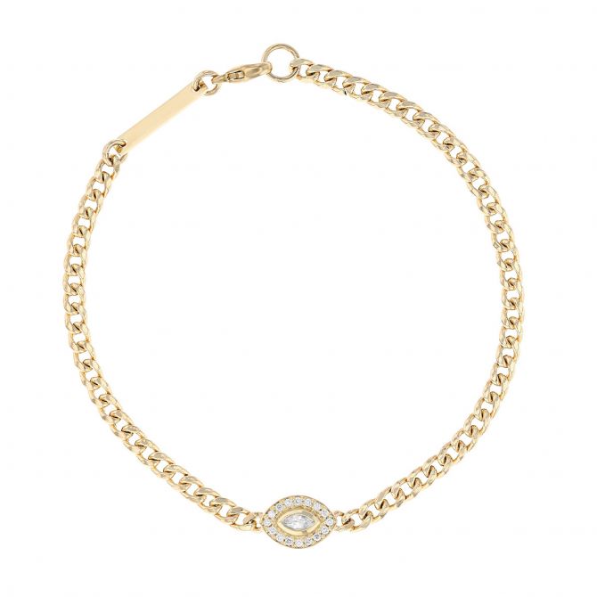 Zoe Chicco Yellow Gold Small Curb Chain Bracelet with Marquise Diamond Halo