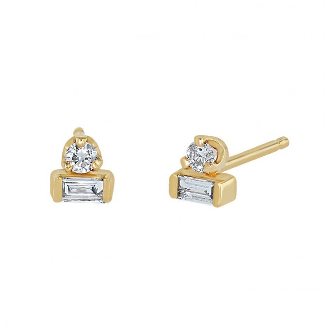 Zoe Chicco Baguette & Round Diamond Duo Stacked Stud Earrings in Yellow Gold