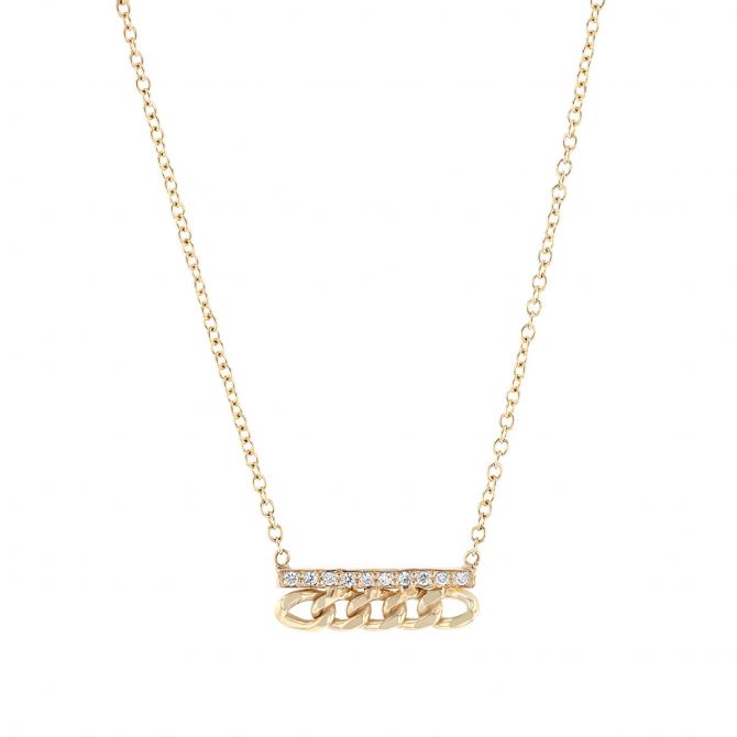 Zoe Chicco Yellow Gold Small Curb Chain & Pave Diamond Bar Necklace, 18"