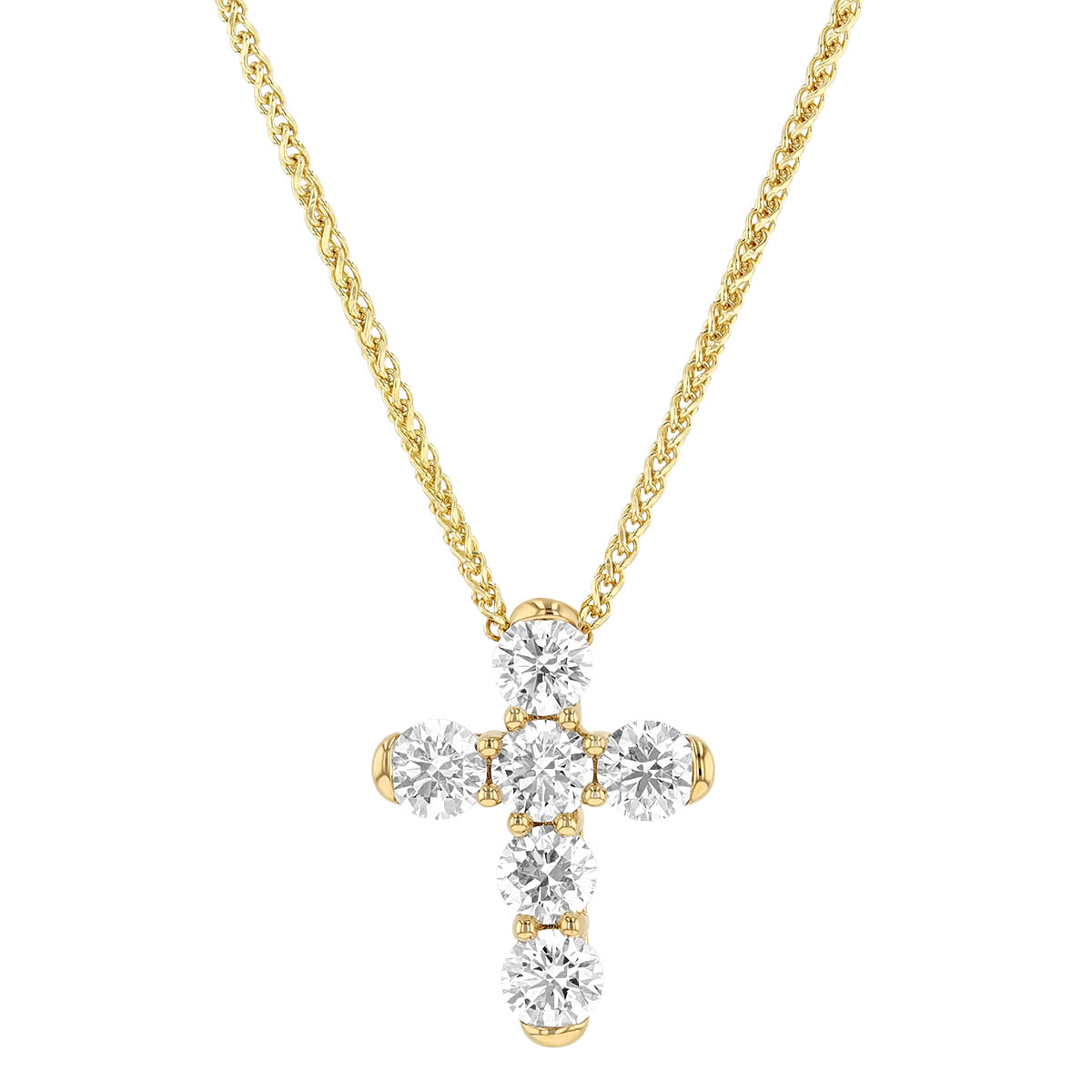 Diamond Cross 6 Stone Necklace in Yellow Gold, 18