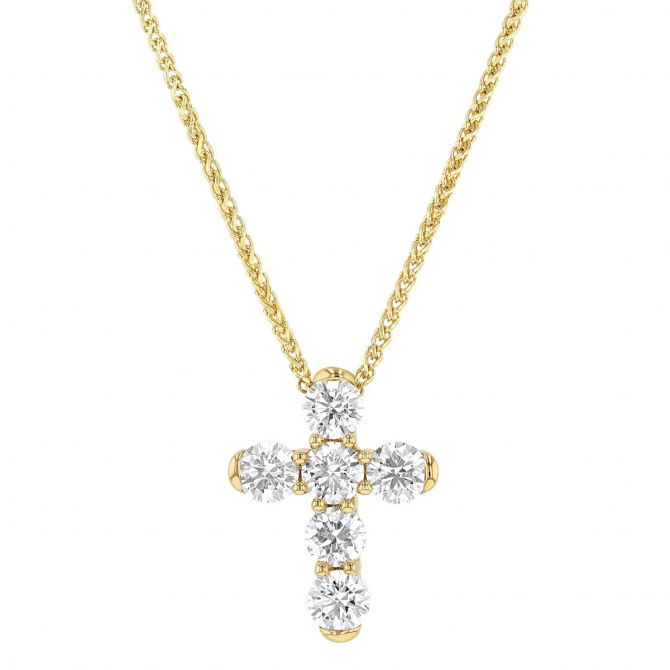 Diamond Cross 6 Stone Necklace in Yellow Gold, 18"