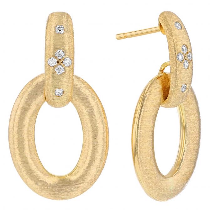 Pave Diamond Fringe Yellow Gold Drop Hoop Earrings