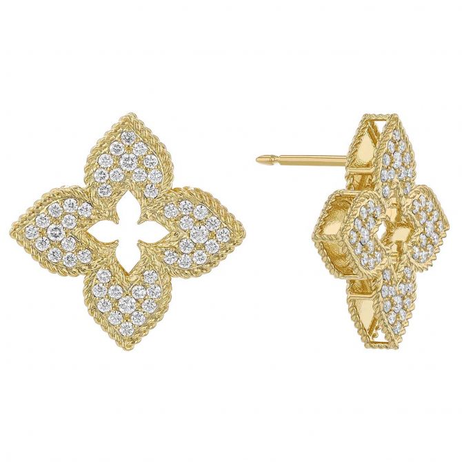 Roberto Coin Venetian Princess Petite Flower Diamond Pavé Stud Earrings in Yellow Gold