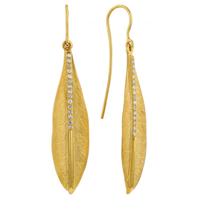 Marika Diamond Feather Dangle Earrings in Yellow Gold