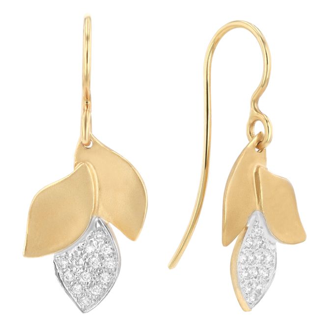 Marika Yellow Gold & Diamond Pave Leaf Dangle Earrings