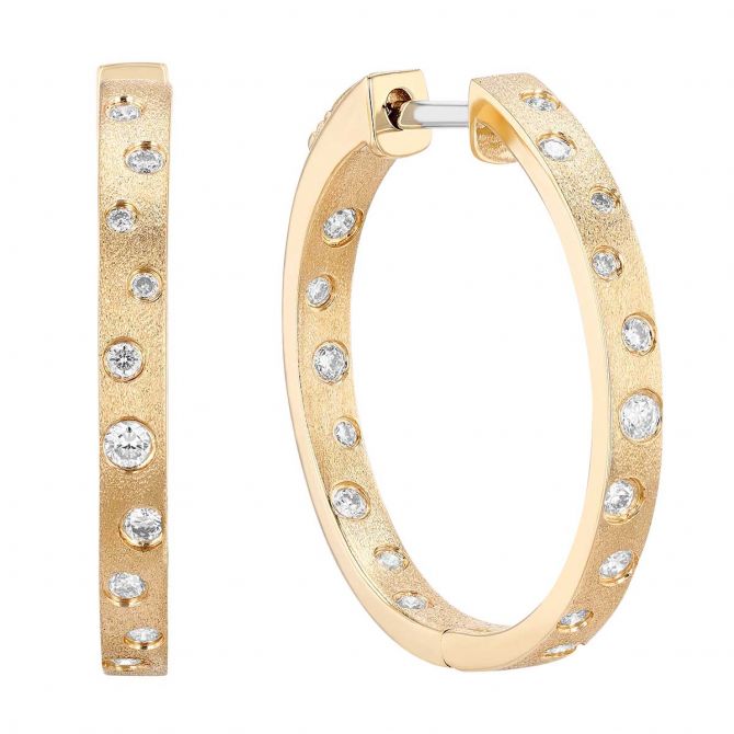 Flush Set Scattered Diamond Inside Out Hoop Earrings in Yellow Gold