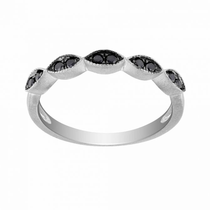 Black Diamond Marquise Milgrain Ring in White Gold