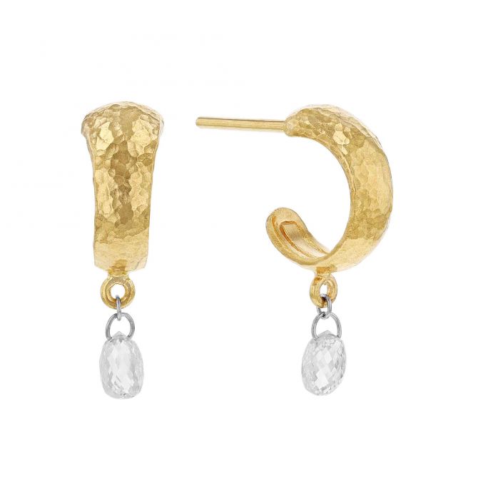 Gurhan Dew Diamond Drop 24K Yellow Gold Hammered Hoop Earrings