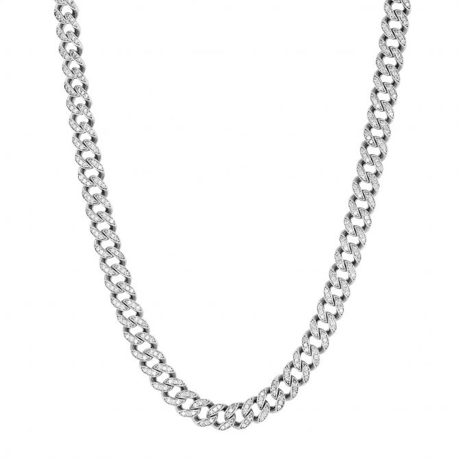 Diamond Pave Curb Link Chain Choker Necklace in White Gold, 1.80 cttw, 14"