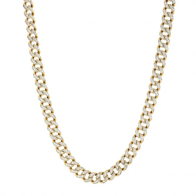 Diamond Pave Curb Link Chain Choker Necklace in Yellow Gold, 1.80 cttw, 14"