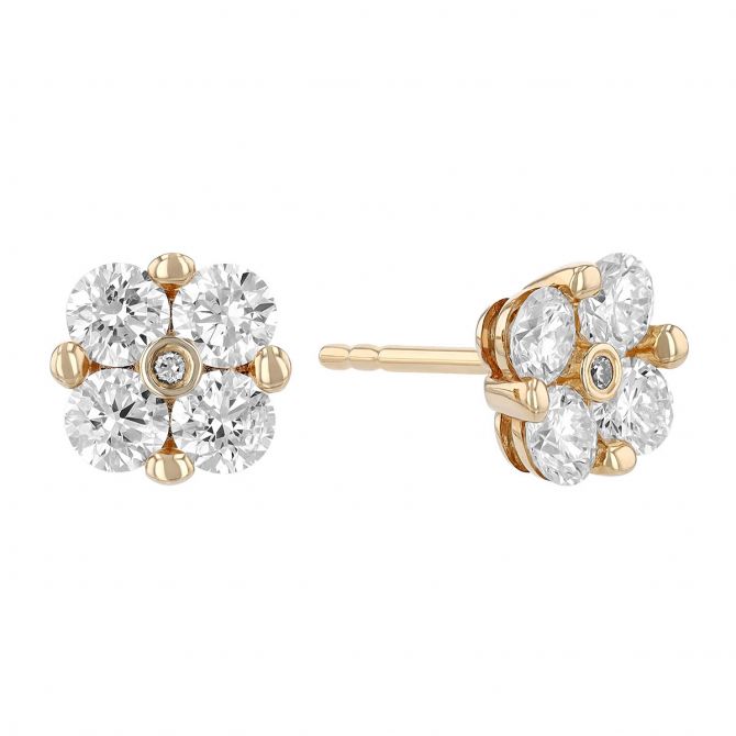 Diamond Cluster Prong & Bezel Set Stud Earrings in Yellow Gold, 1.25 aptw