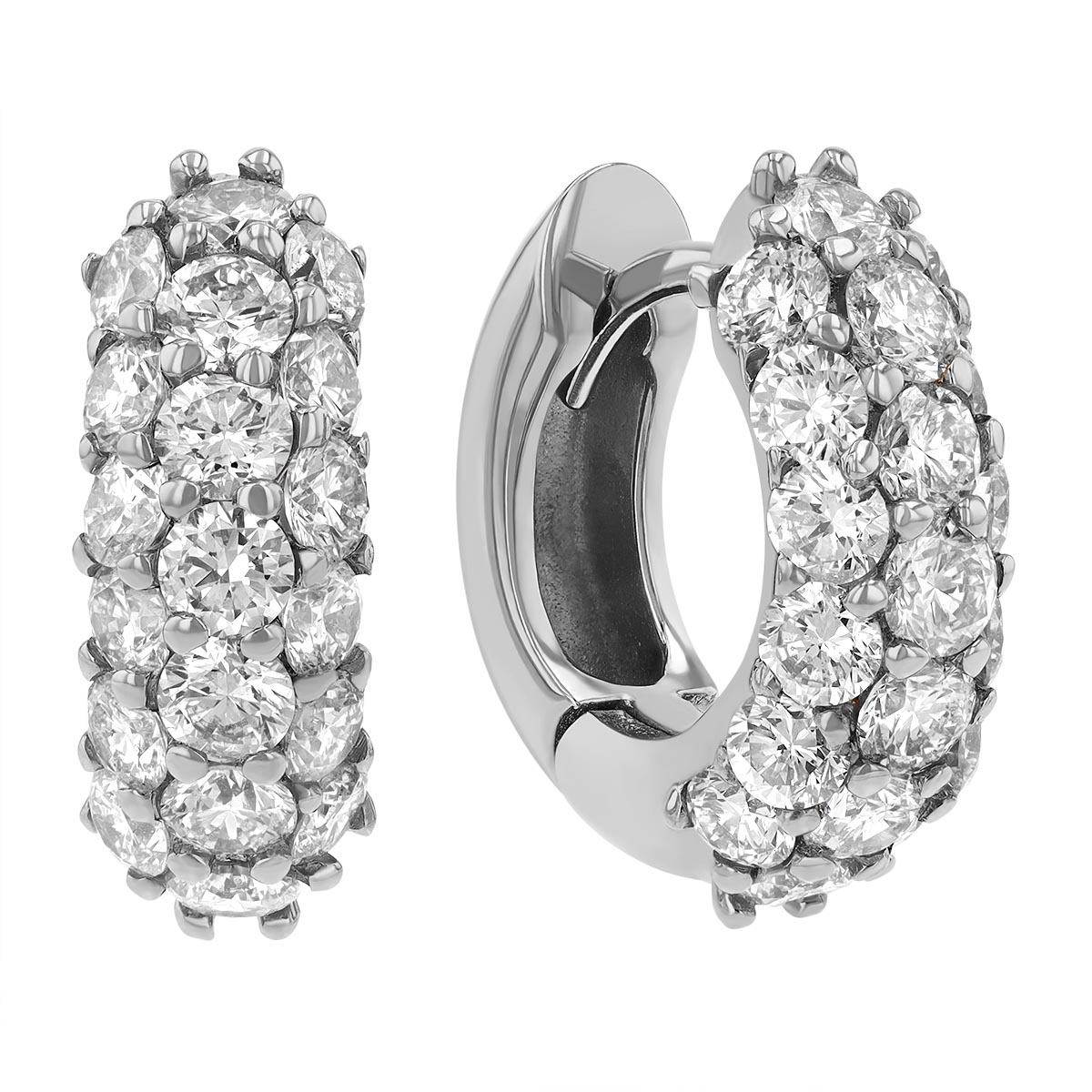 Diamond 3 Row Huggie Hoop Earrings In White Gold, 1.90 Aptw 