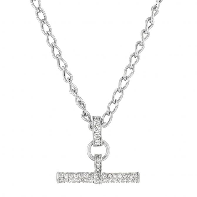 Diamond Round Bar & Link Pendant in White Gold, 18"