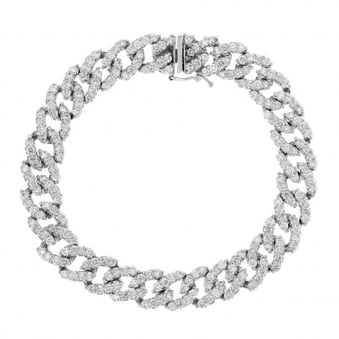 Diamond Pave Curb Link Chain Bracelet in White Gold, 7.30 aptw, 7"