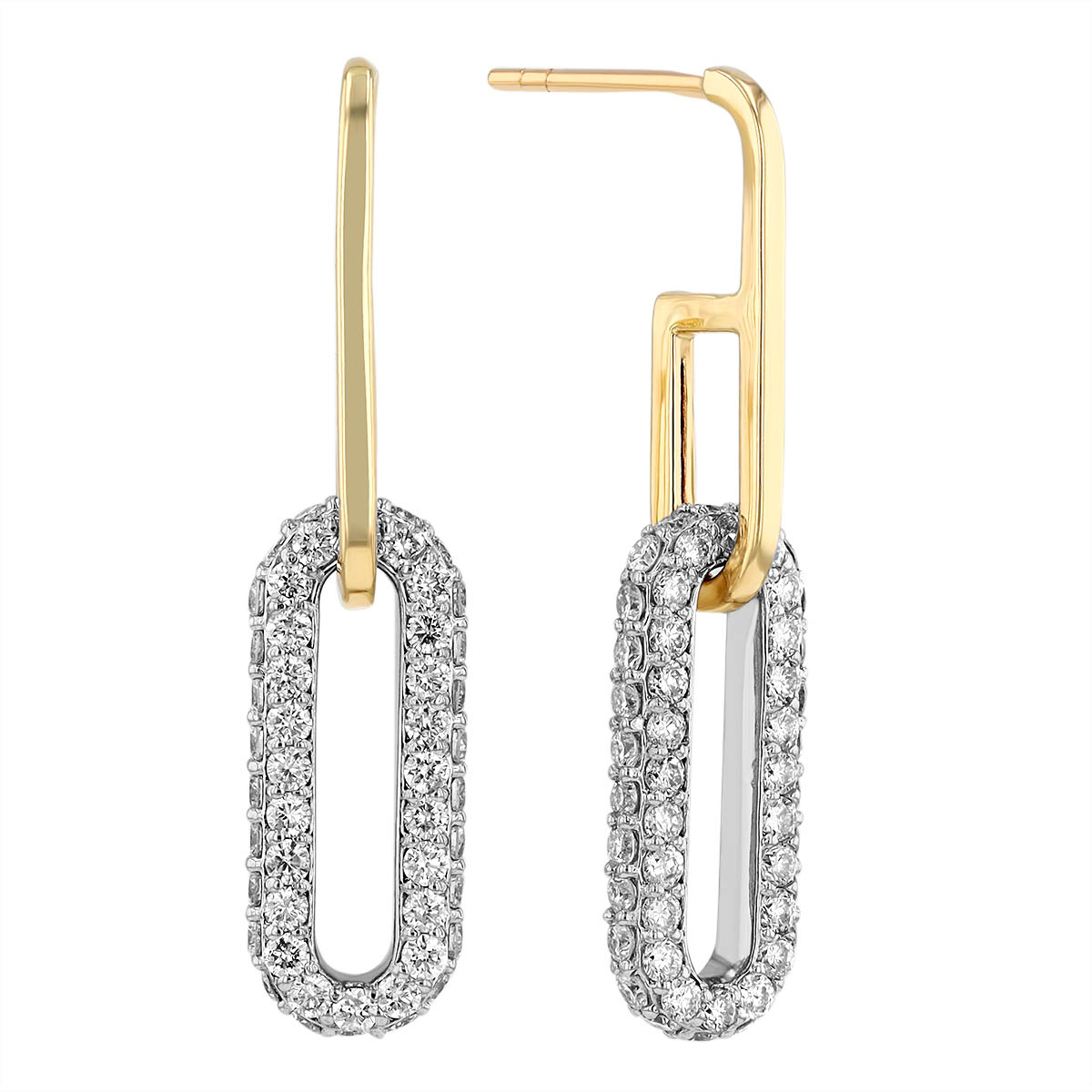 Diamond Open Oval Link Drop Earrings in White & Yellow Gold, 1.15