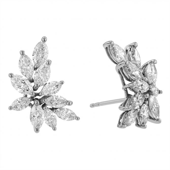 Marquise Diamond Floral Cluster Stud Earrings in White Gold