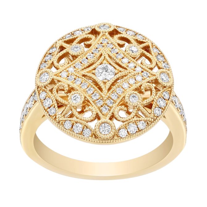 Doves Diamond Pave Mosaic Milgrain Circle Ring in Yellow Gold