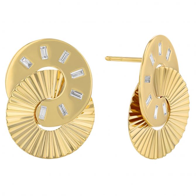 Phillips House Aura Baguette Diamond & Textured Interlocking Circle Earrings in Yellow Gold