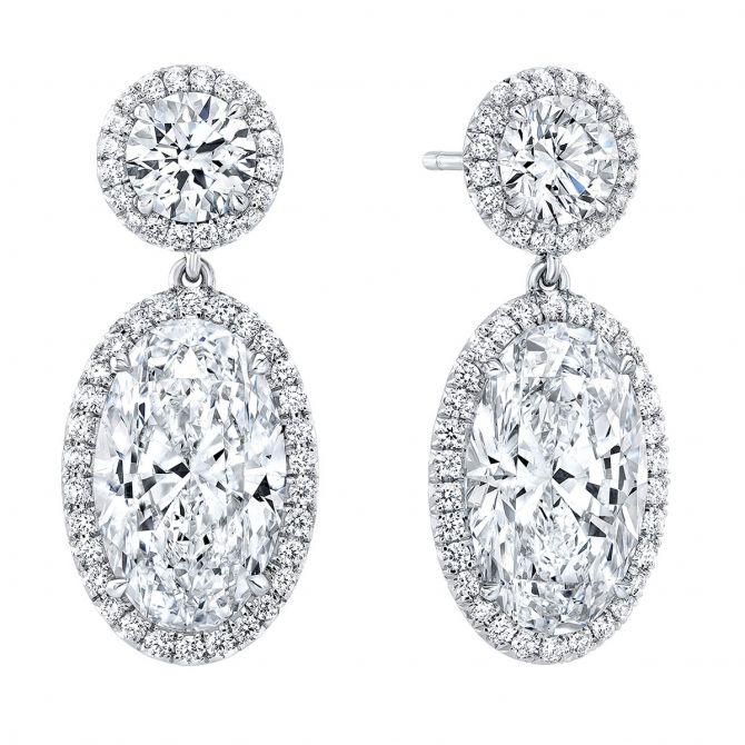 Rahaminov Oval & Round Diamond Halo Drop Earrings in White Gold