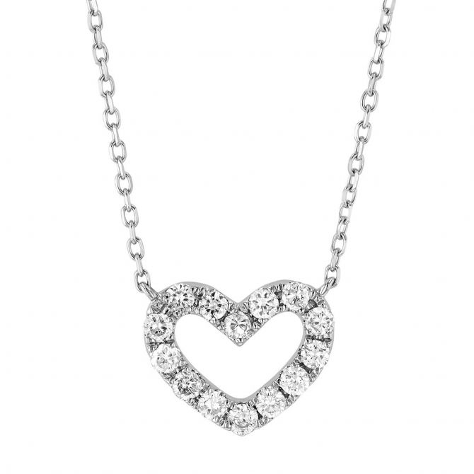 Diamond Open Heart Pendant in White Gold, 18"